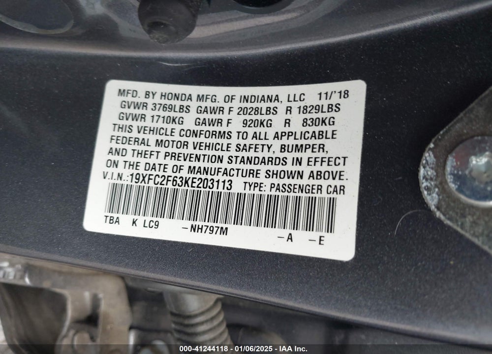 2019 HONDA CIVIC VIN: 19XFC2F63KE203113