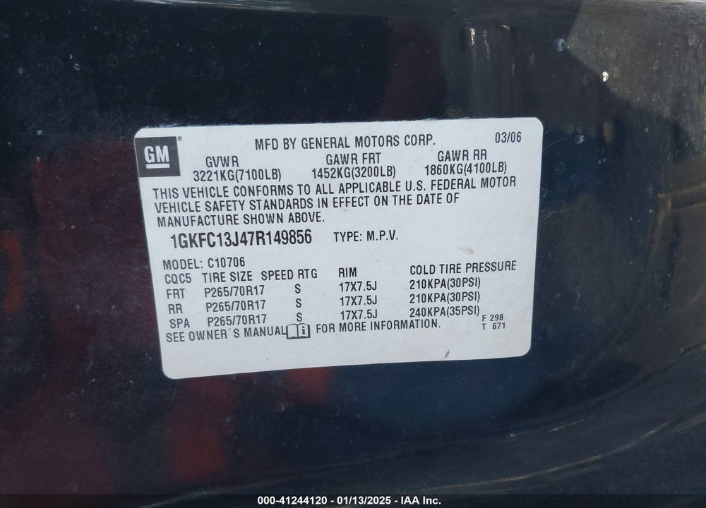 2007 GMC YUKON SLT VIN: 1GKFC13J47R149856