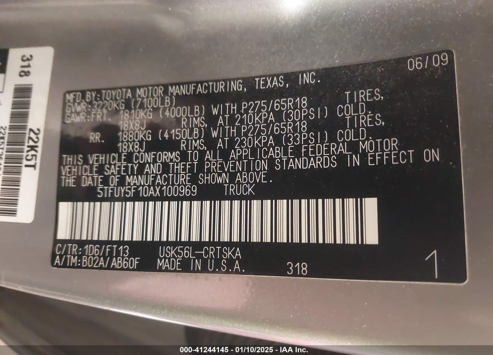 2010 TOYOTA TUNDRA GRADE 5.7L V8 VIN: 5TFUY5F10AX100969