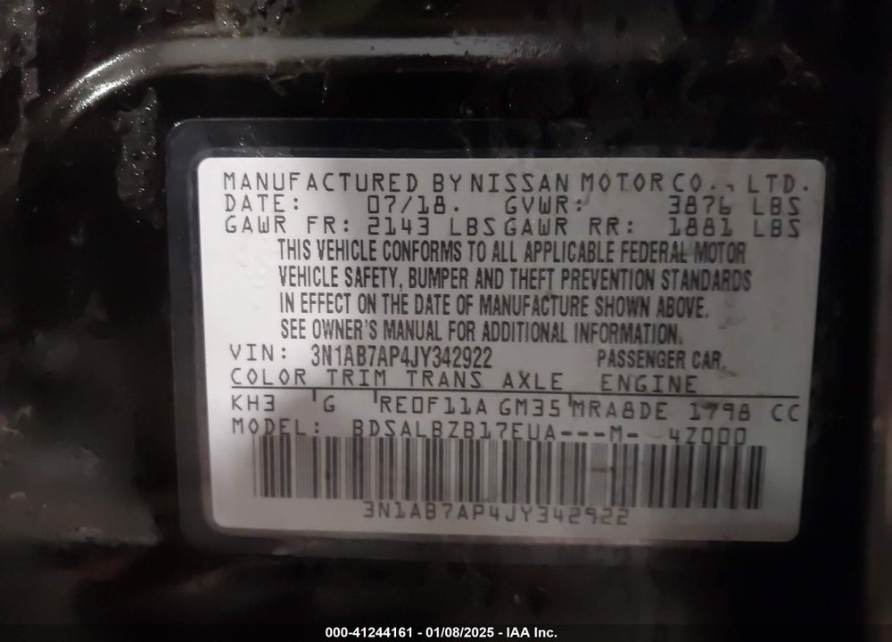 2018 NISSAN SENTRA VIN: 3N1AB7AP4JY342922
