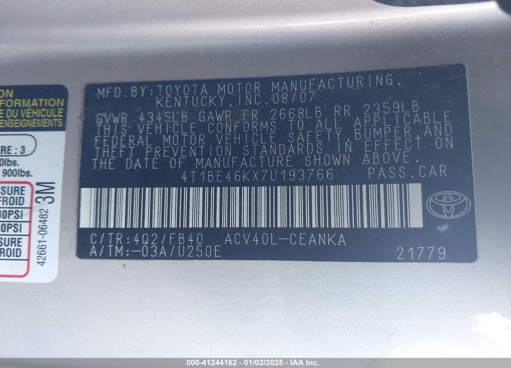 2007 TOYOTA CAMRY VIN: 4T1BE46KX7U193766