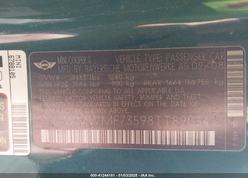 2008 MINI COOPER S VIN: WMWMF73598TT89034