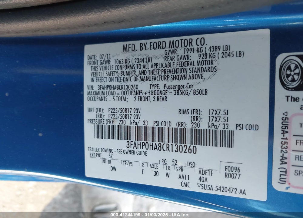 2012 FORD FUSION SE VIN: 3FAHP0HA8CR130260