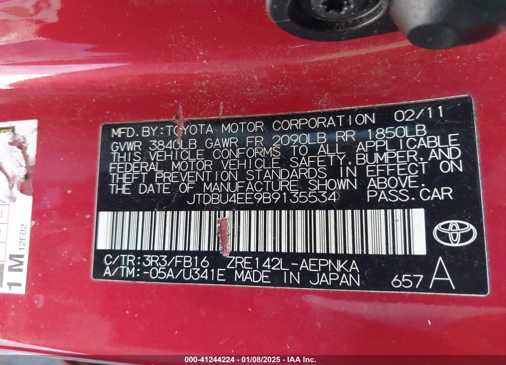 2011 TOYOTA COROLLA LE VIN: JTDBU4EE9B9135534