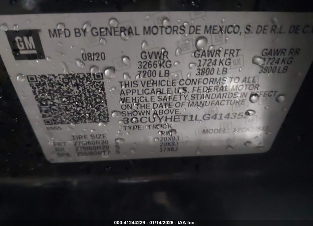 2020 CHEVROLET SILVERADO 1500 VIN: 3GCUYHET1LG414352