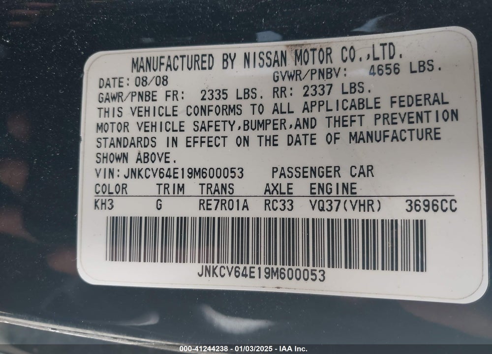 2009 INFINITI G37 JOURNEY VIN: JNKCV64E19M600053