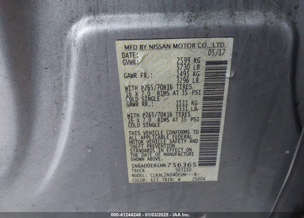 2017 NISSAN FRONTIER SV VIN: 1N6AD0ERXHN756365