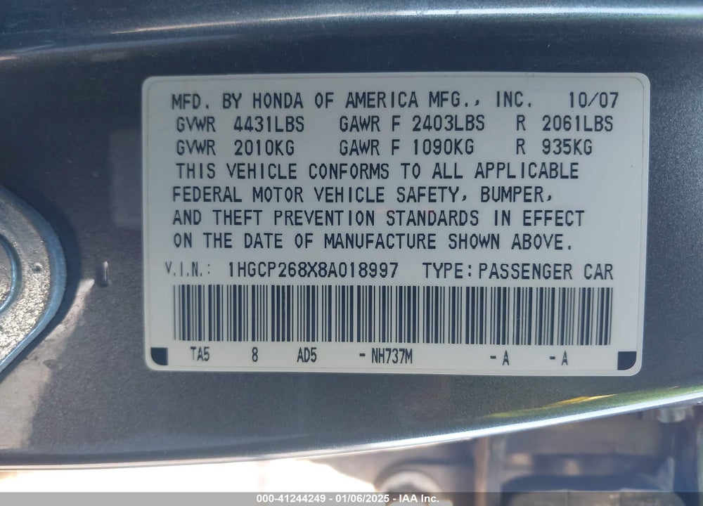 2008 HONDA ACCORD 2.4 EX-L VIN: 1HGCP268X8A018997