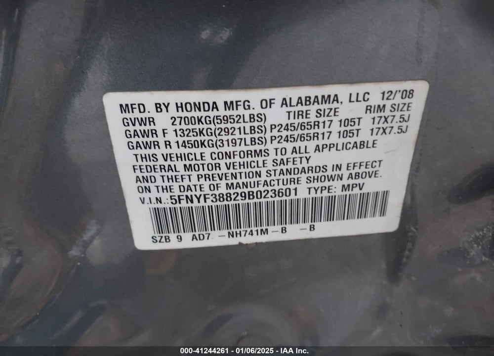 2009 HONDA PILOT TOURING VIN: 5FNYF38829B023601