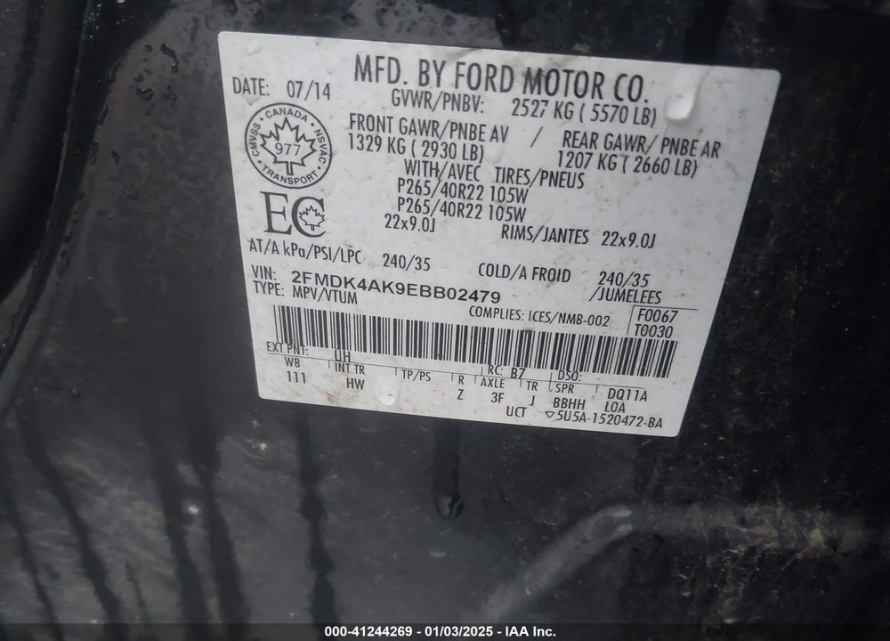 2014 FORD EDGE SPORT VIN: 2FMDK4AK9EBB02479