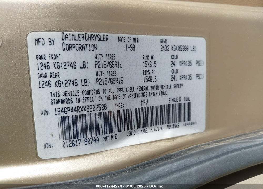 1999 DODGE GRAND CARAVAN SE VIN: 1B4GP44RXXB802528