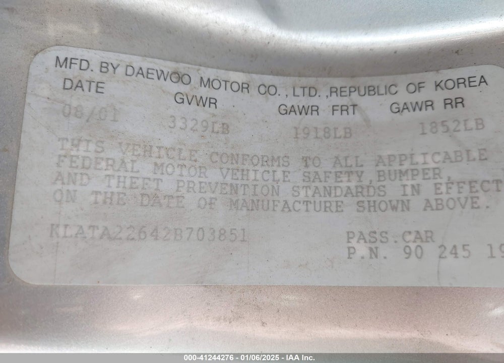 2002 DAEWOO LANOS S VIN: KLATA22642B703851