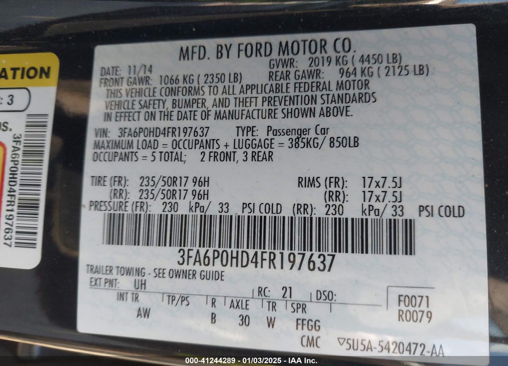 2015 FORD FUSION SE VIN: 3FA6P0HD4FR197637