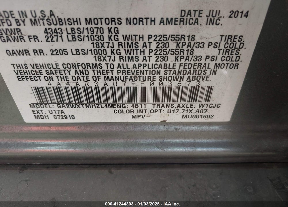 2015 MITSUBISHI OUTLANDER SPORT ES VIN: 4A4AR3AU7FE003673