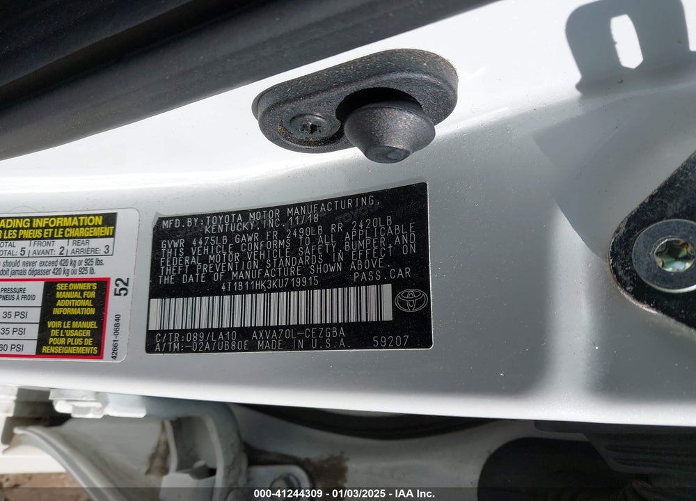 2019 TOYOTA CAMRY VIN: 4T1B11HK3KU719915