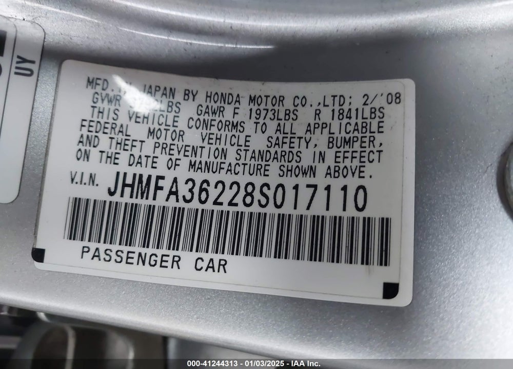 2008 HONDA CIVIC HYBRID VIN: JHMFA36228S017110