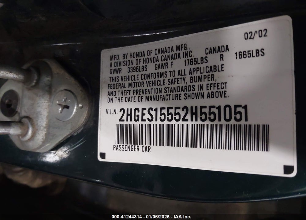 2002 HONDA CIVIC LX VIN: 2HGES15552H551051