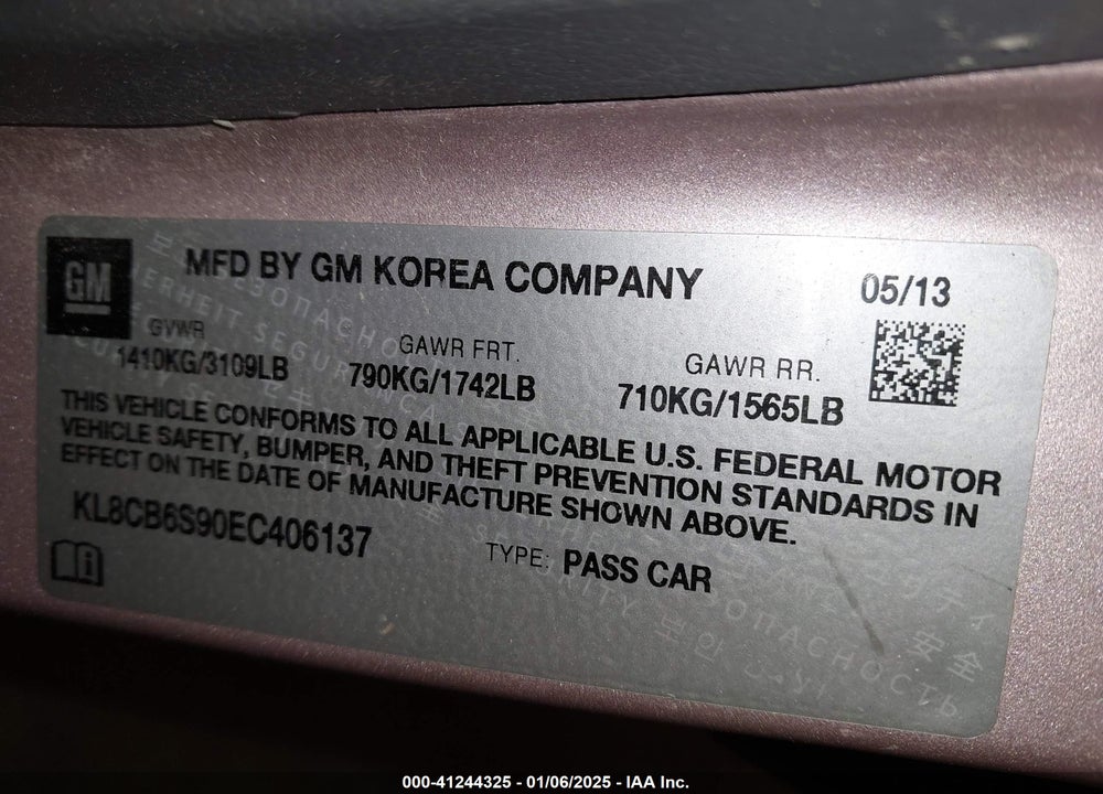 2014 CHEVROLET SPARK VIN: KL8CB6S90EC406137