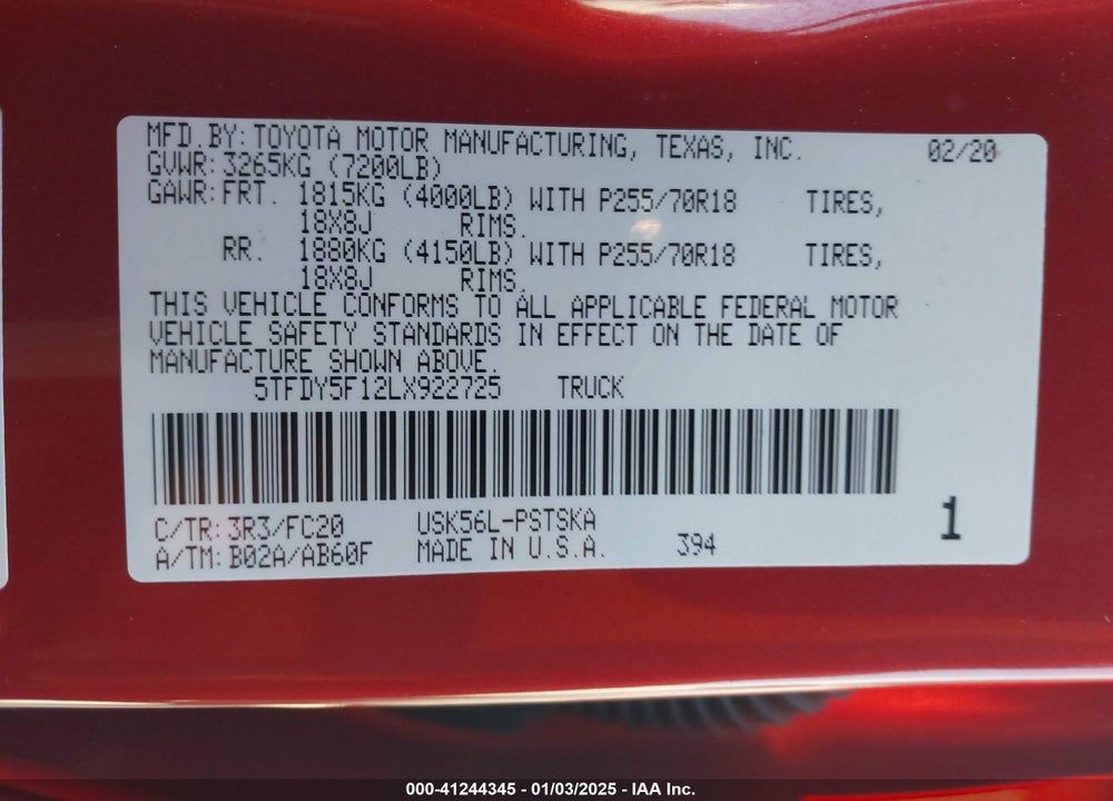 2020 TOYOTA TUNDRA SR5 VIN: 5TFDY5F12LX922725