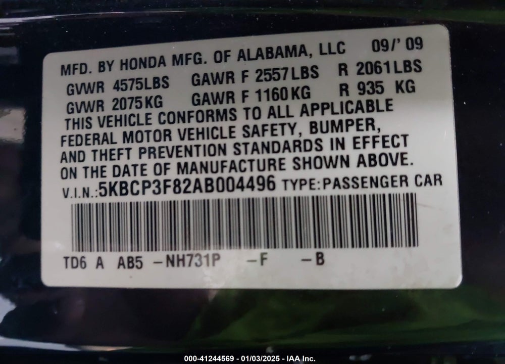 2010 HONDA ACCORD VIN: 5KBCP3F82AB004496