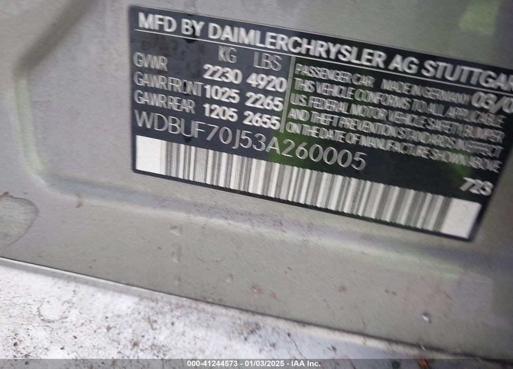 2003 MERCEDES-BENZ E 500 VIN: WDBUF70J53A260005
