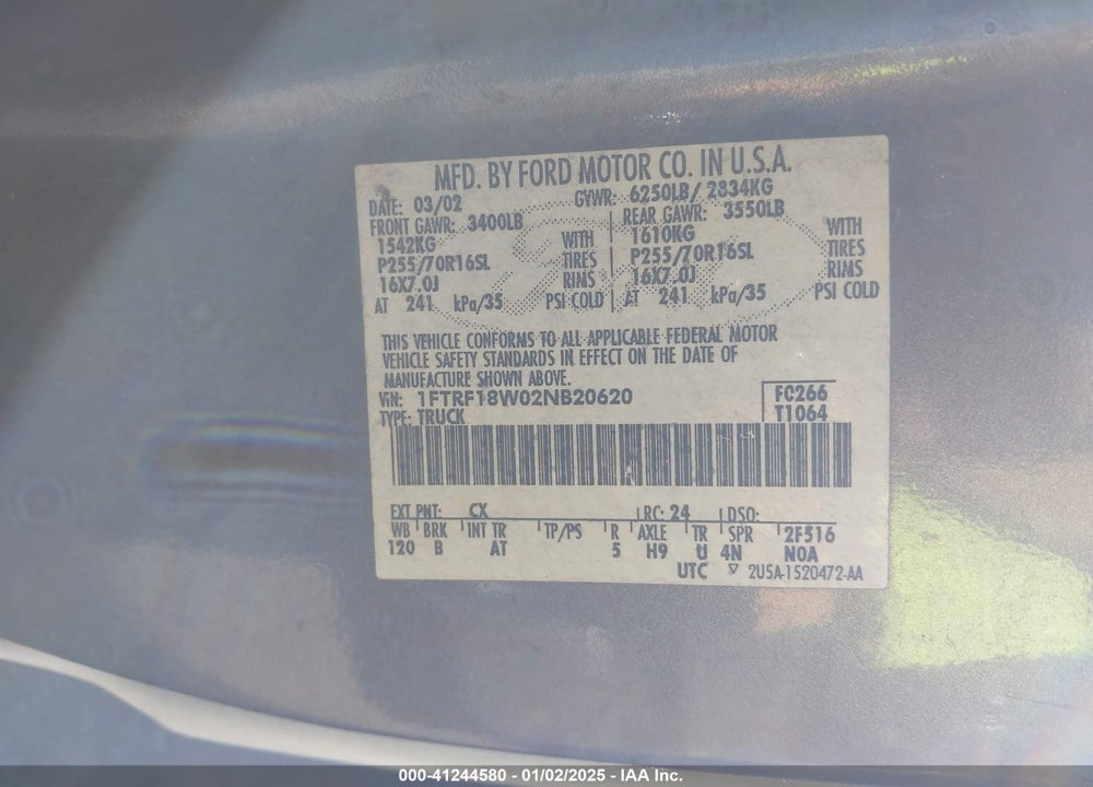 2002 FORD F150 VIN: 1FTRF18W02NB20620