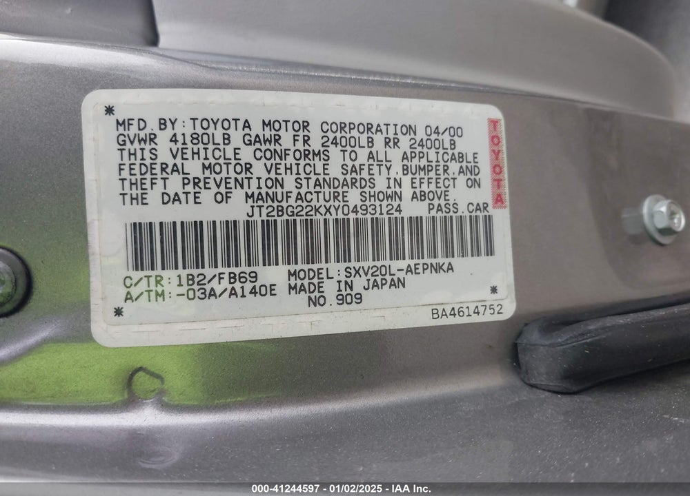 2000 TOYOTA CAMRY LE VIN: JT2BG22KXY0493124