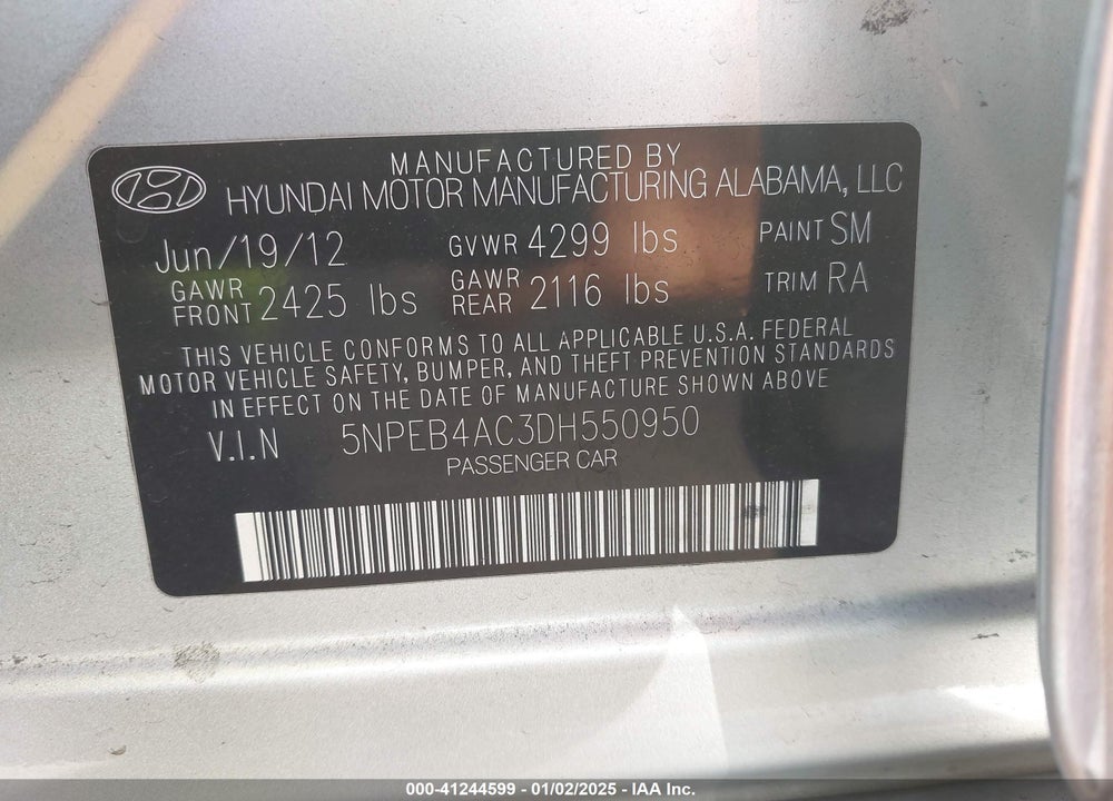 2013 HYUNDAI SONATA GLS VIN: 5NPEB4AC3DH550950