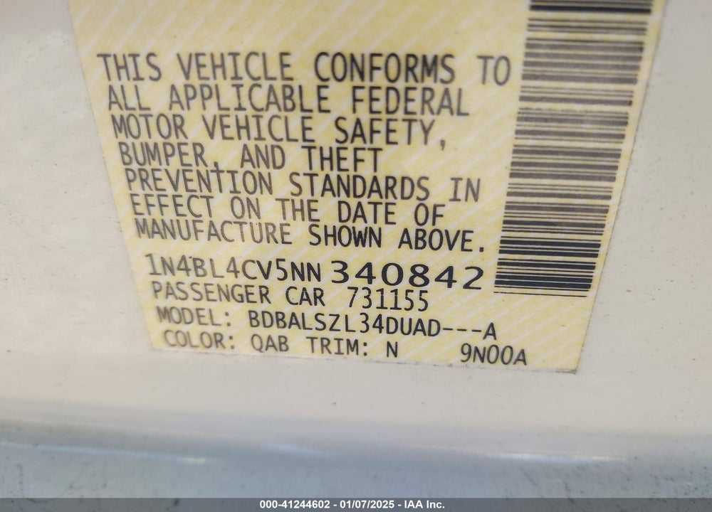 2022 NISSAN ALTIMA VIN: 1N4BL4CV5NN340842