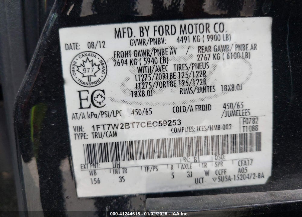 2012 FORD F-250 XLT VIN: 1FT7W2BT7CEC59253