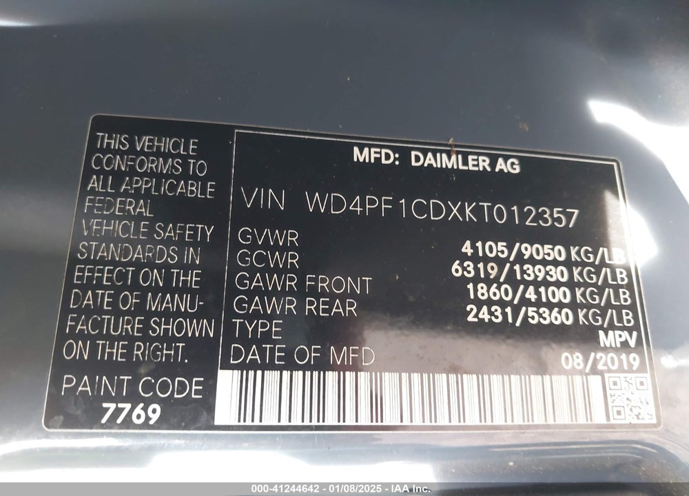 2019 MERCEDES-BENZ SPRINTER 2500 HIGH ROOF V6 VIN: WD4PF1CDXKT012357