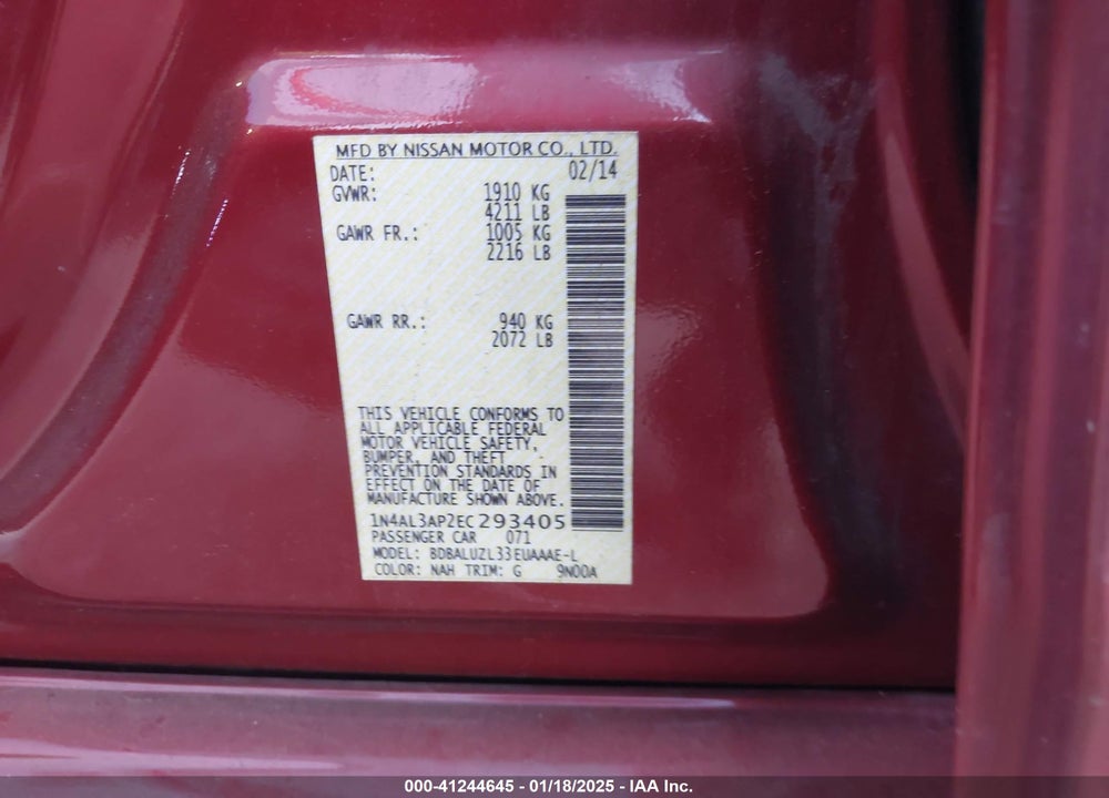 2014 NISSAN ALTIMA VIN: 1N4AL3AP2EC293405