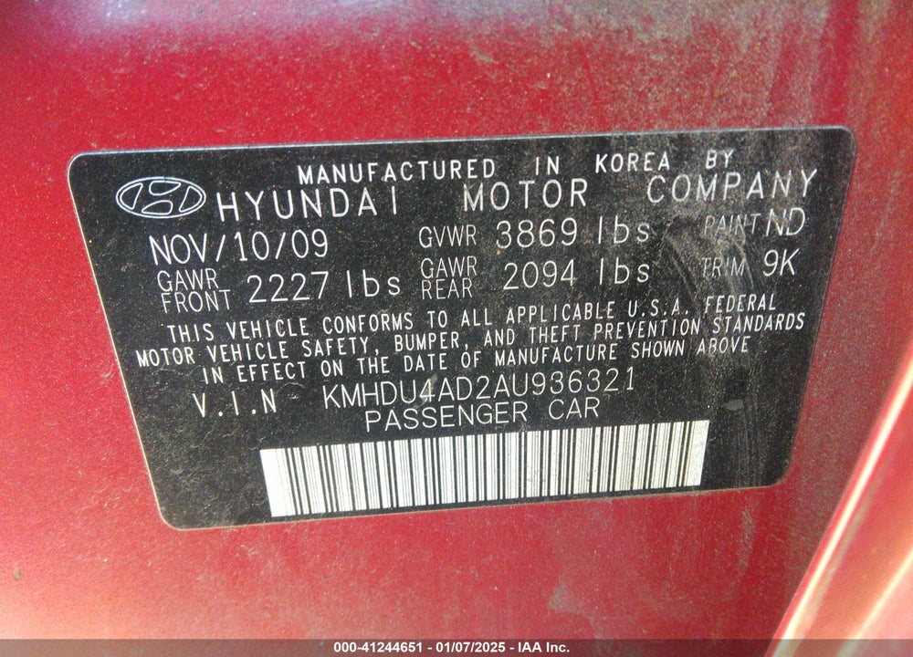 2010 HYUNDAI ELANTRA VIN: KMHDU4AD2AU936321