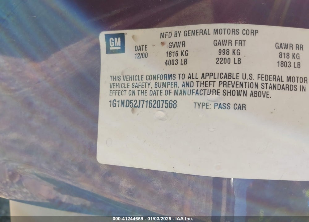 2001 CHEVROLET MALIBU VIN: 1G1ND52J716207568