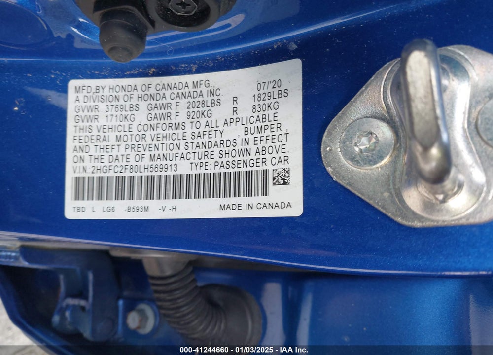 2020 HONDA CIVIC VIN: 2HGFC2F80LH569913