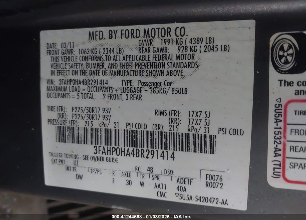 2011 FORD FUSION SE VIN: 3FAHP0HA4BR291414