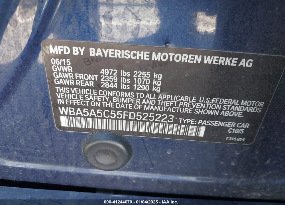 2015 BMW 528I VIN: WBA5A5C55FD525223