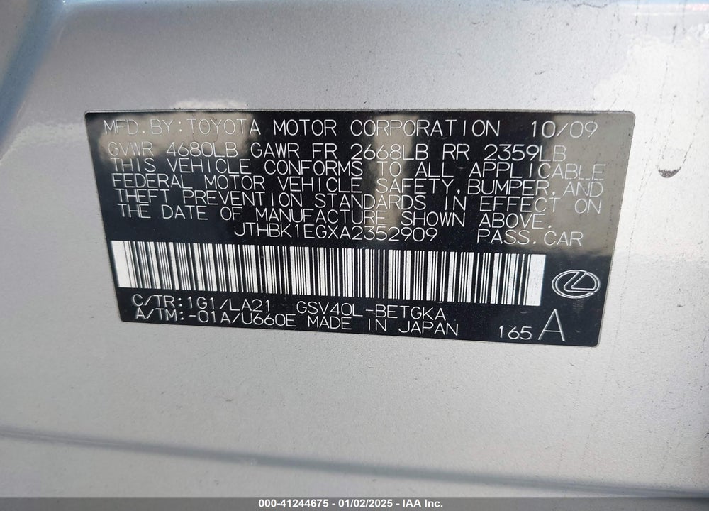 2010 LEXUS ES 350 VIN: JTHBK1EGXA2352909