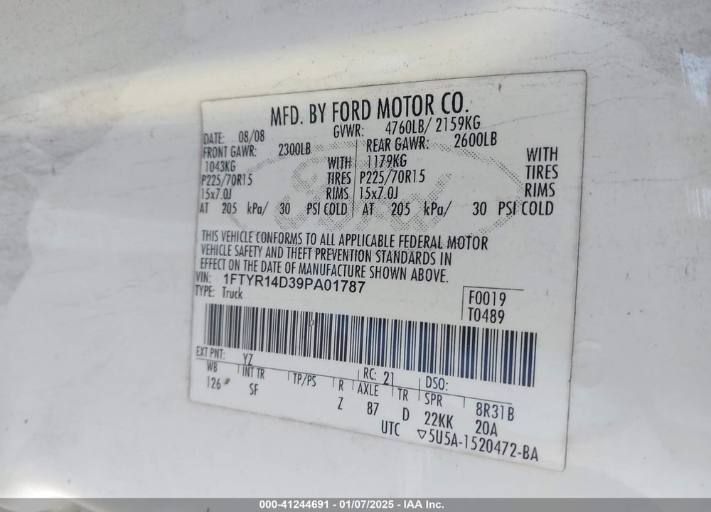2009 FORD RANGER XLT VIN: 1FTYR14D39PA01787