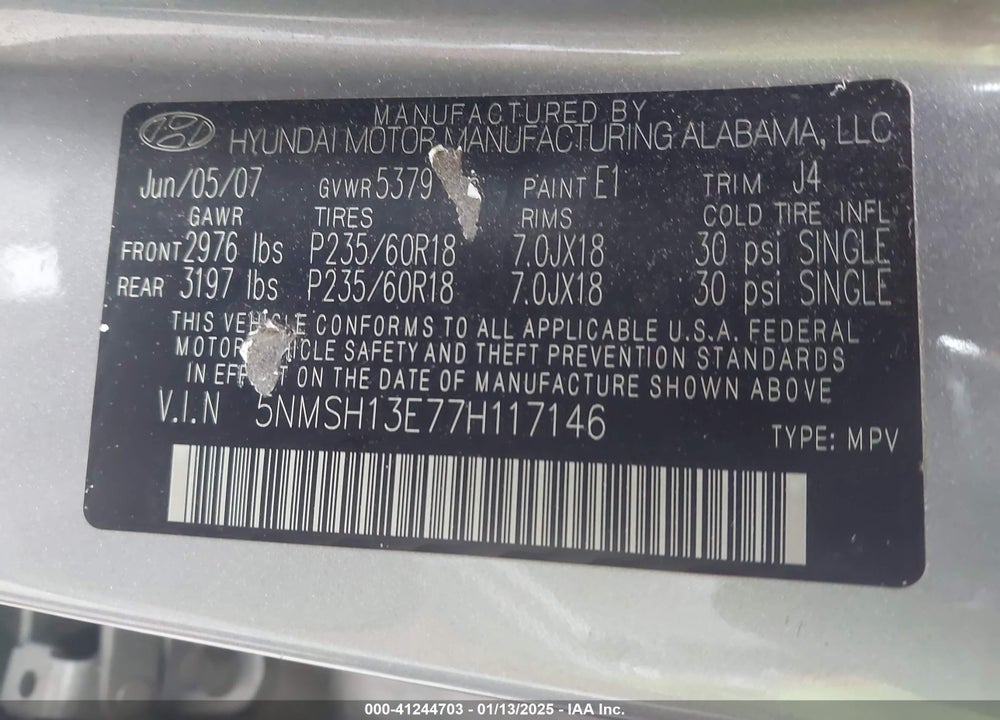 2007 HYUNDAI SANTA FE LIMITED/SE VIN: 5NMSH13E77H117146