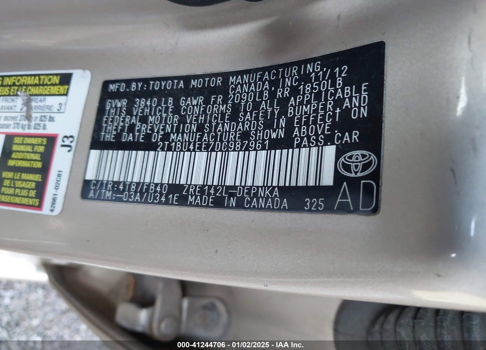 2013 TOYOTA COROLLA LE VIN: 2T1BU4EE7DC987961