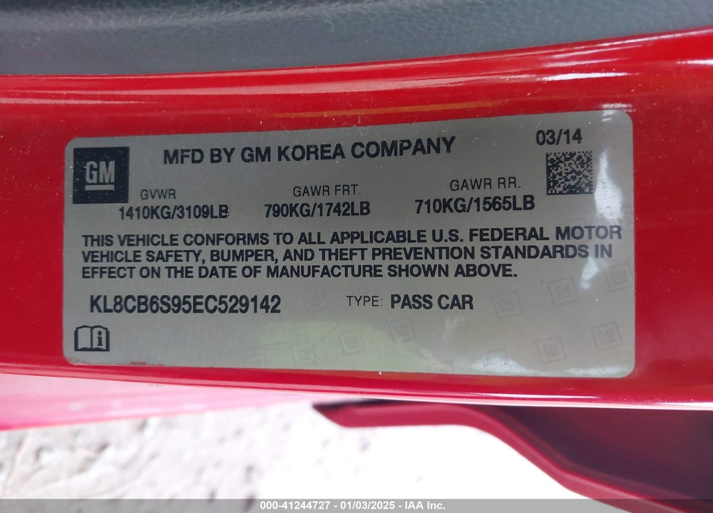 2014 CHEVROLET SPARK VIN: KL8CB6S95EC529142
