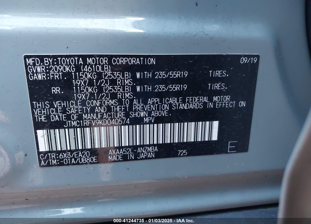 2019 TOYOTA RAV4 XLE PREMIUM VIN: JTMC1RFV9KD040574