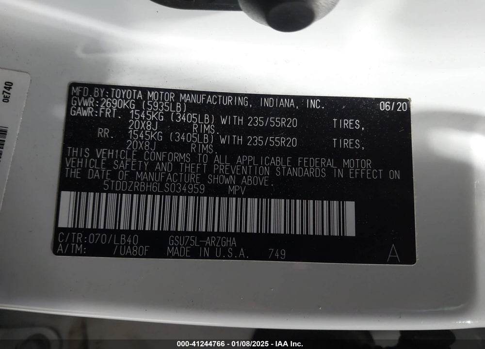 2020 TOYOTA HIGHLANDER LIMITED VIN: 5TDDZRBH6LS034959