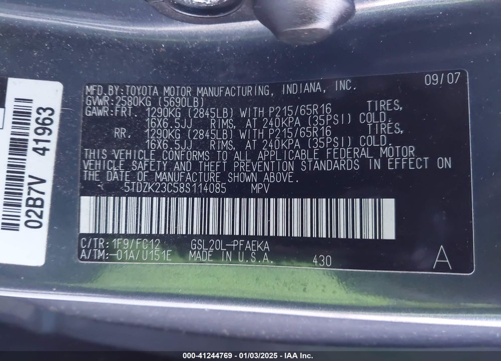 2008 TOYOTA SIENNA LE VIN: 5TDZK23C58S114085