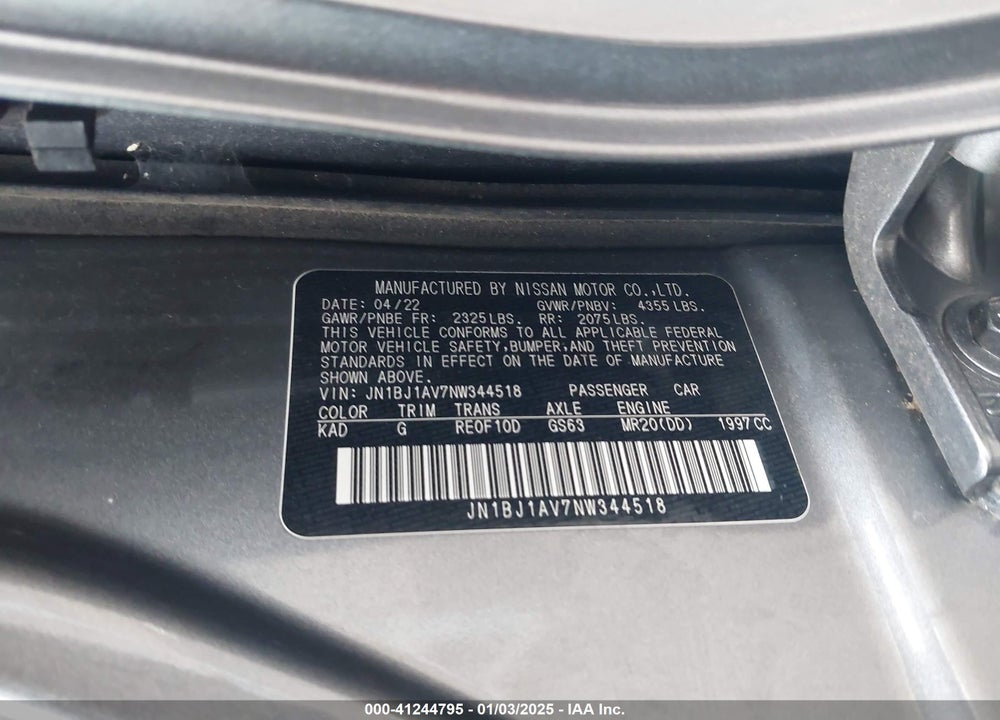 2022 NISSAN ROGUE SPORT S FWD XTRONIC CVT VIN: JN1BJ1AV7NW344518