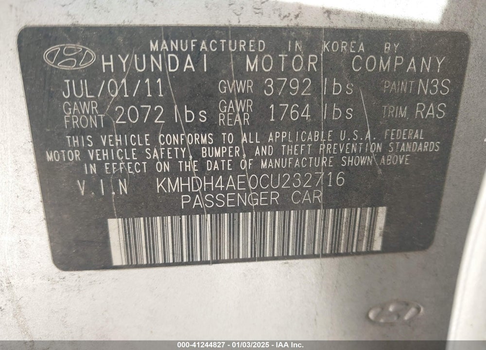 2012 HYUNDAI ELANTRA VIN: KMHDH4AE0CU232716