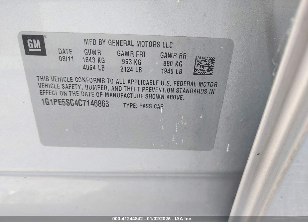 2012 CHEVROLET CRUZE LT VIN: 1G1PE5SC4C7146863