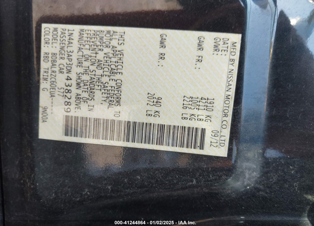 2013 NISSAN ALTIMA VIN: 1N4AL3AP3DN438289