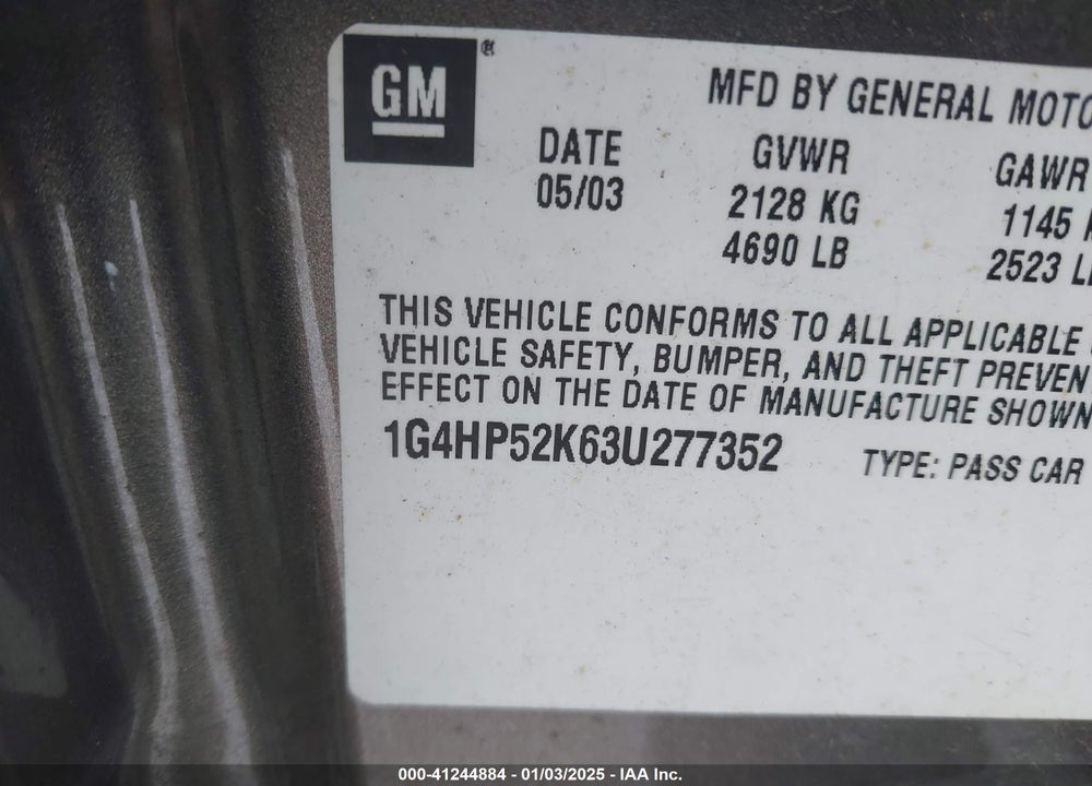 2003 BUICK LESABRE CUSTOM VIN: 1G4HP52K63U277352